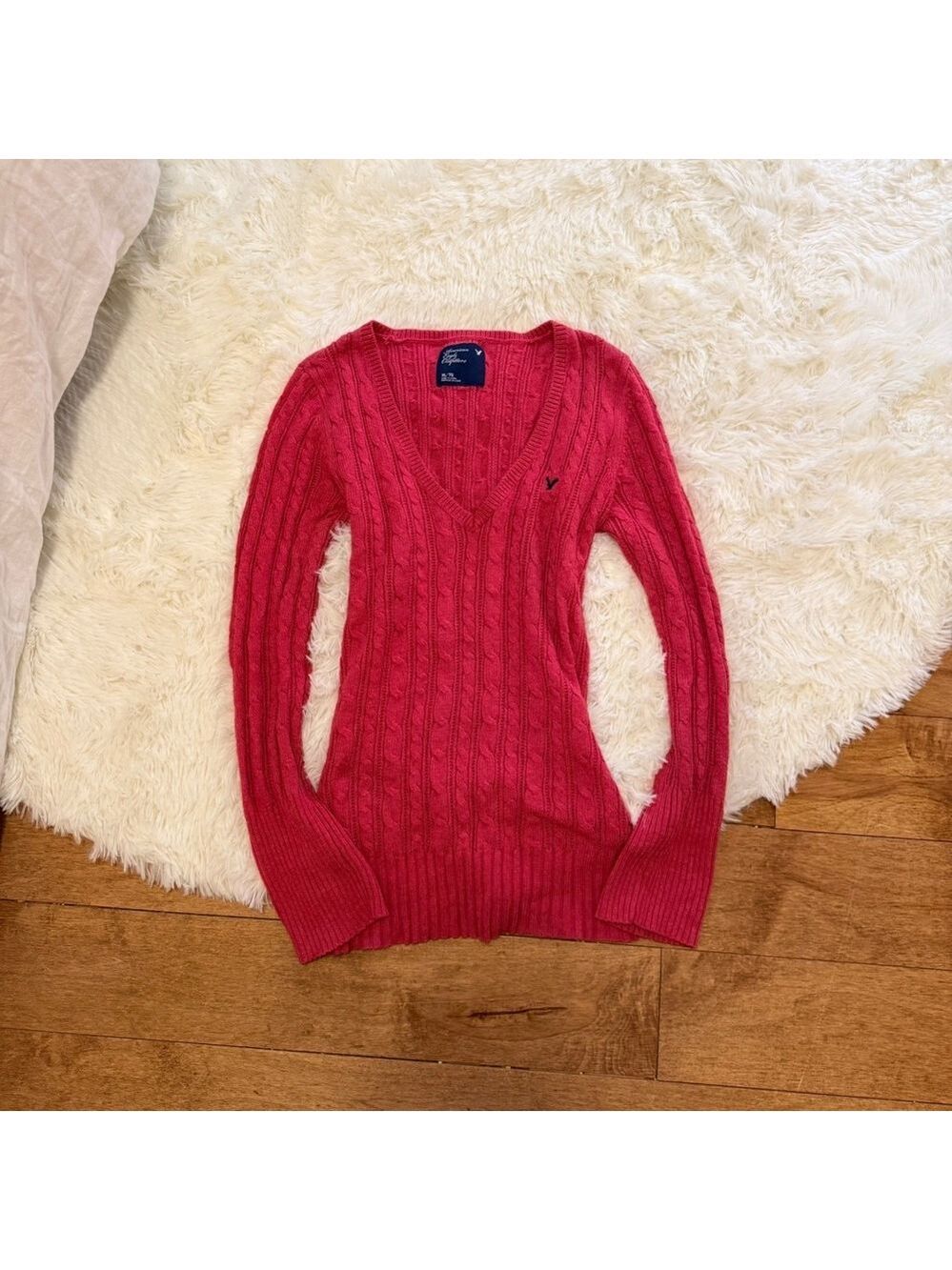 American Eagle Pink Cable Knit V-Neck Sweater Womens XL Preppy Y2K Vibe